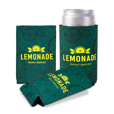 Cancun Slim Can Cooler - A green can cooler featuring a lemon design, holding a cold can, with a logo and bright yellow text.