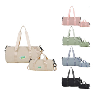 Bucket Duffle Bag With Wide Straps - A range of bucket duffle bags in beige, pink, green, grey, and black with wide straps and a logo.
