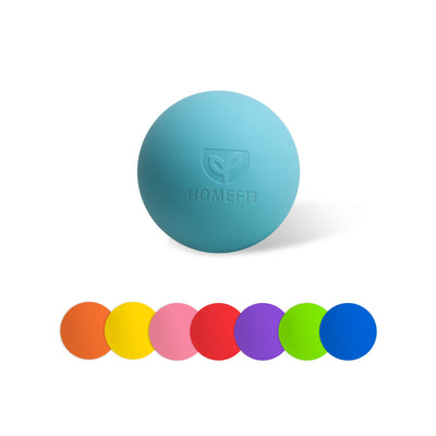Lacrosse Ball - A blue lacrosse ball with a logo, accompanied by a range of six colourful balls in orange, yellow, pink, purple and green.