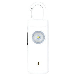 Safety Alarm Keychain - A white safety alarm keychain featuring a circular light and a carabiner hook for easy attachment.
