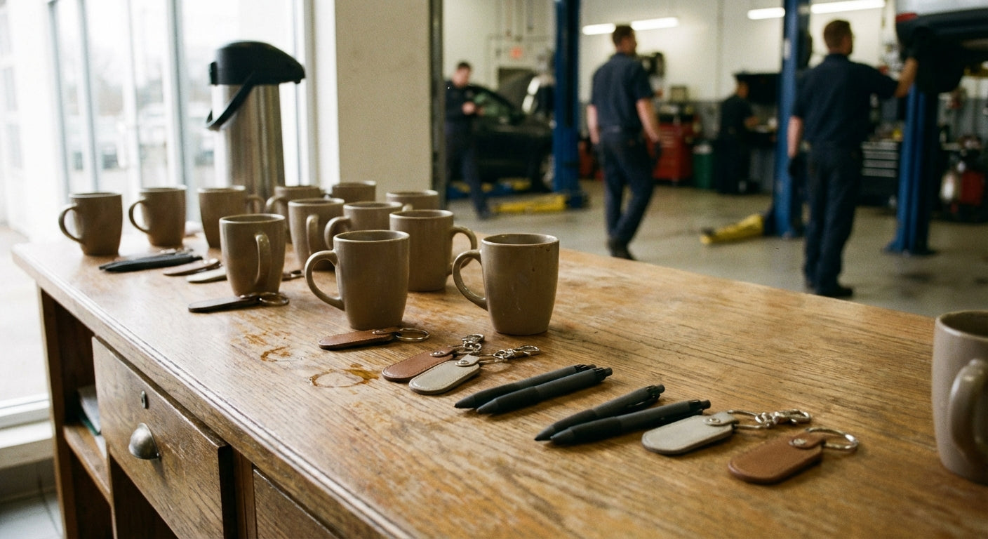 Promotional products for automotive industry - branded pens, keychains and mugs on car dealership service counter