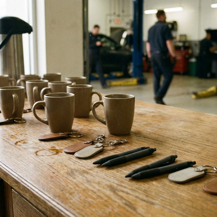 Promotional products for automotive industry - branded pens, keychains and mugs on car dealership service counter