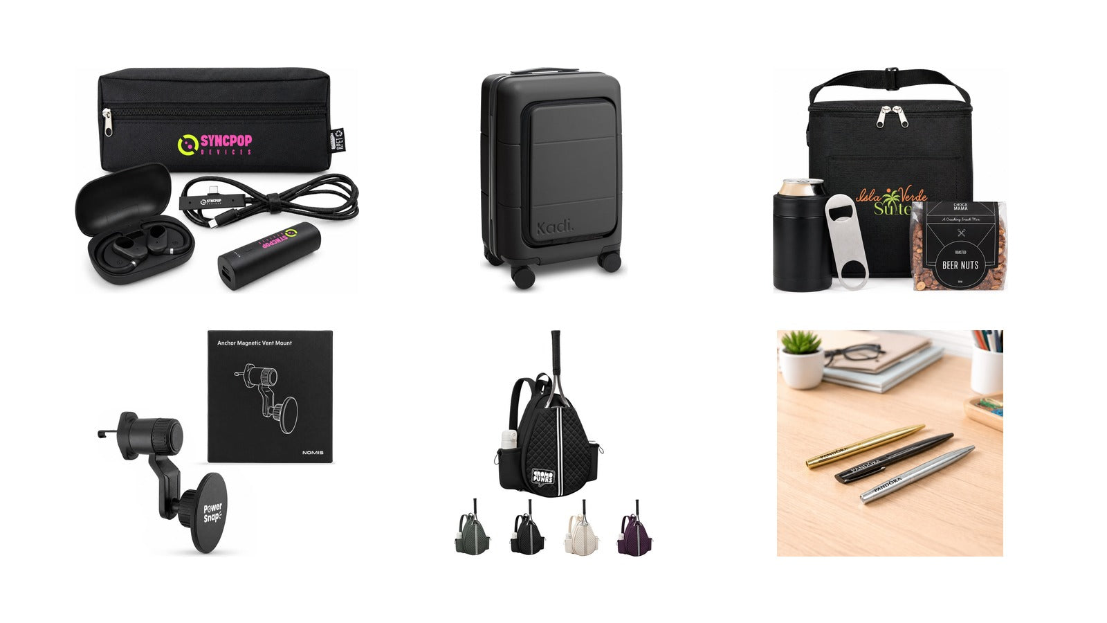 New promotional product arrivals: Tech Pack Charge, Kadi Carry-On Suitcase - Business, The Knock Off Pack, Anchor by Nomis Car Phone Holder, Multifunctional Racket Bag, The Rhi Metal Ball Pen
