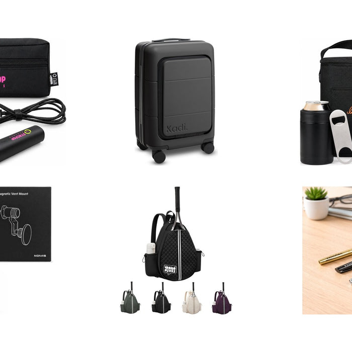 New promotional product arrivals: Tech Pack Charge, Kadi Carry-On Suitcase - Business, The Knock Off Pack, Anchor by Nomis Car Phone Holder, Multifunctional Racket Bag, The Rhi Metal Ball Pen