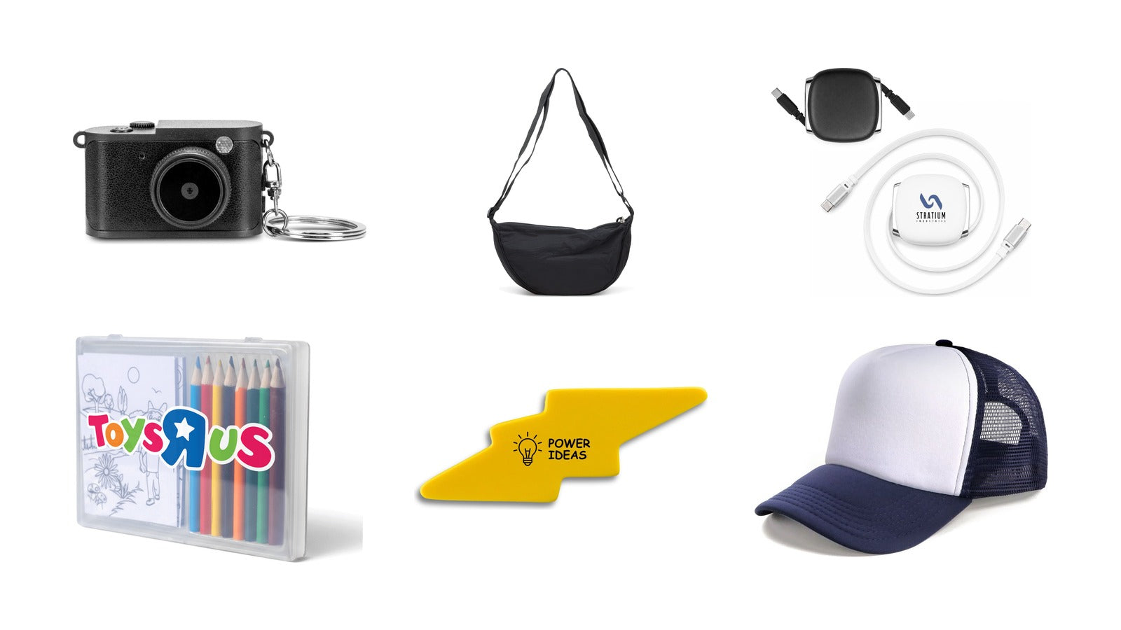 New promotional product arrivals: Candid Mini Camera, Selene Moon Bag, Reel 100W Cable, The Sketch Set, Stress Lightening Bolt, Polymesh Trucker Cap