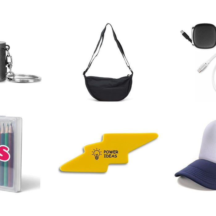 New promotional product arrivals: Candid Mini Camera, Selene Moon Bag, Reel 100W Cable, The Sketch Set, Stress Lightening Bolt, Polymesh Trucker Cap