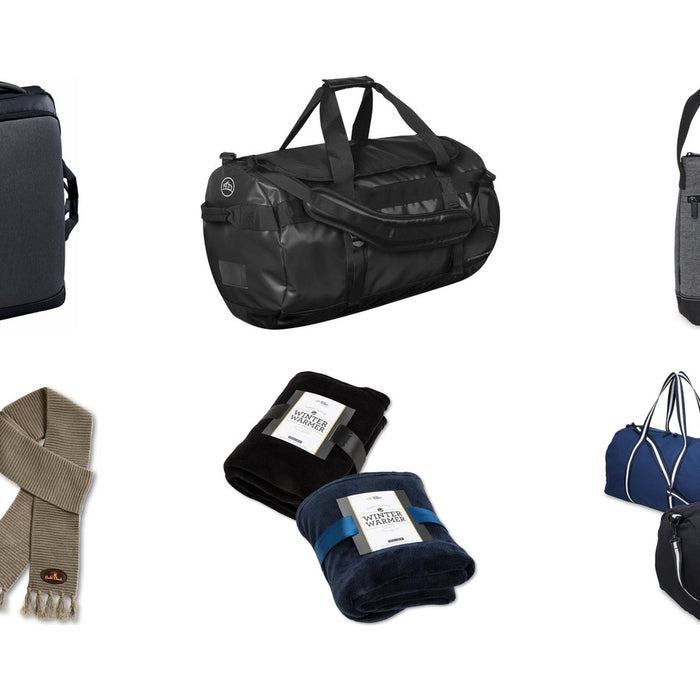 New promotional product arrivals: Road Warrior Computer Pack, Stormtech Gear Bag Medium, Tirano Two Bottle Wine Cooler, Ruga Knit Scarf, Coral Fleece Blanket, Canvas Duffle