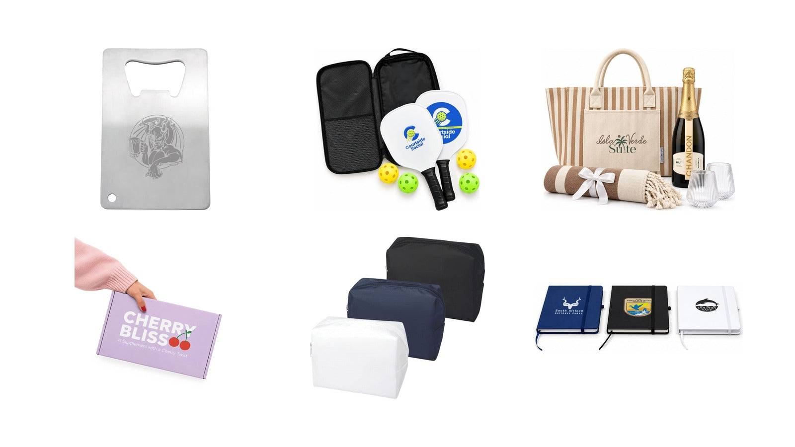 New promotional product arrivals: Stainless Credit Card Bottle Opener, Matchpoint Pickleball Set, The Sun & Sip Gift Set, Custom Box with Locking Lid 290 x 175 x 60mm, Muse GRS RPET Toiletry Bag, FSC Notebook