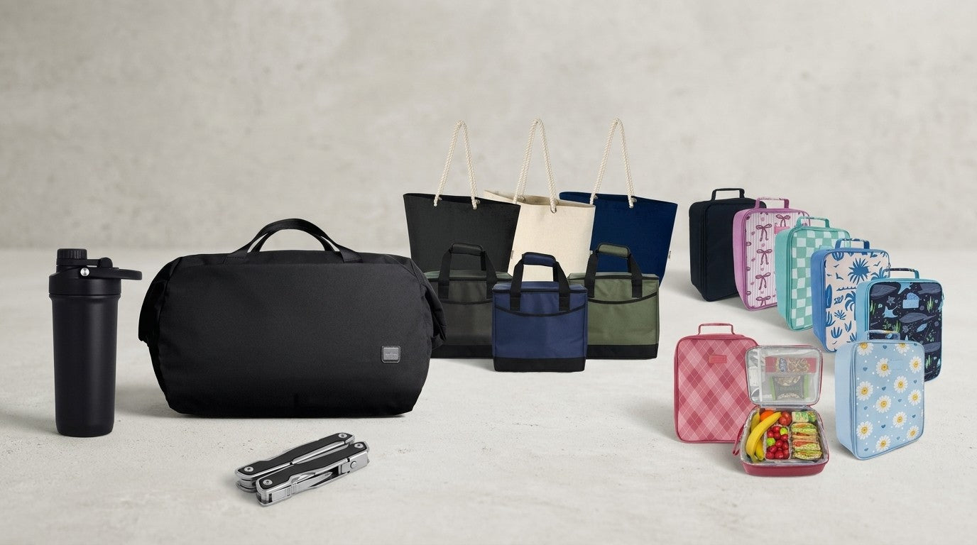 New promotional product arrivals: Bellroy Classic Duffel 45L, Forge Double Wall Shaker 750ml, Trekk Multifunction Tool, Chill Out 2.0 36 Can Cooler - 20L, Florida GRS Recycled Beach Tote Bag, Sachi Insulated Junior XL Lunch Bag