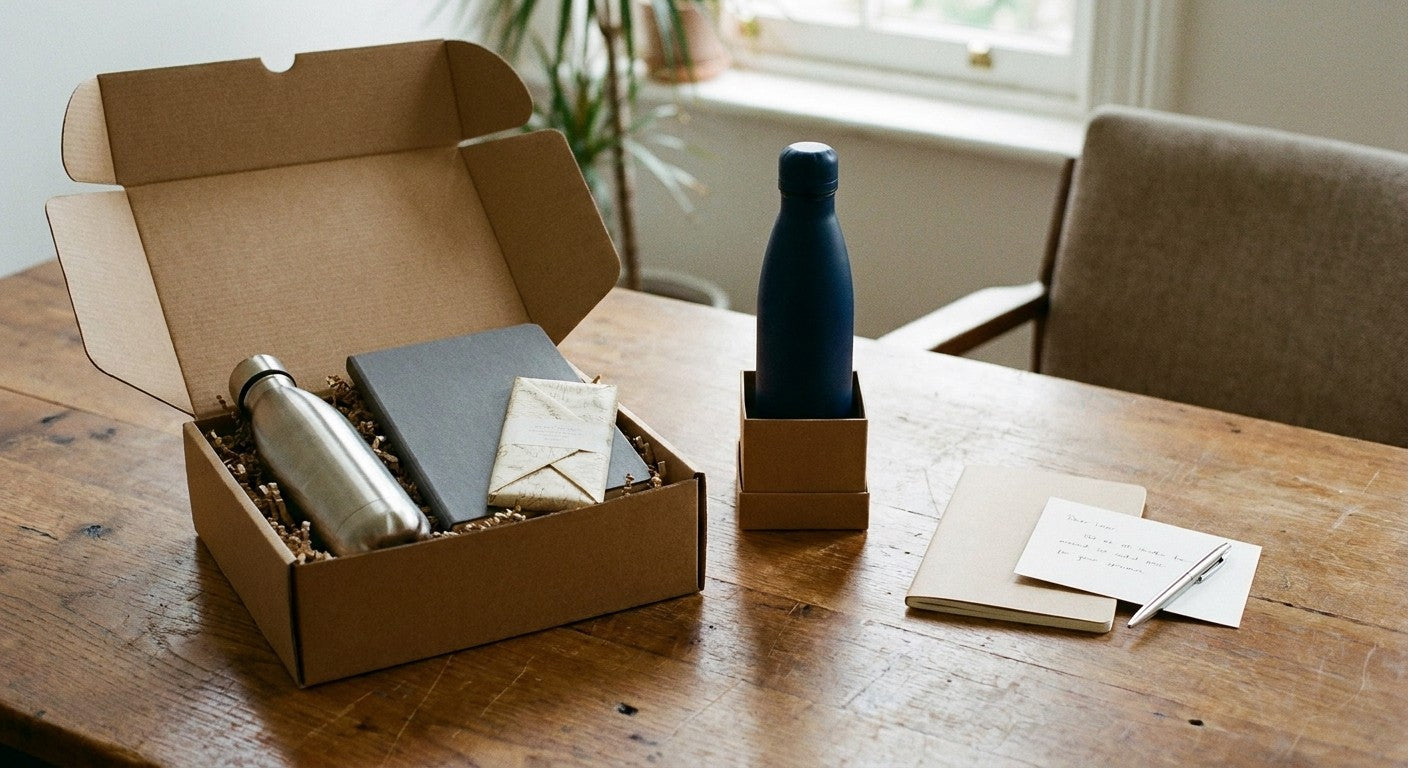 Three tiers of client gifts on a desk: a curated gift box, a boxed insulated bottle and a notebook with a handwritten card