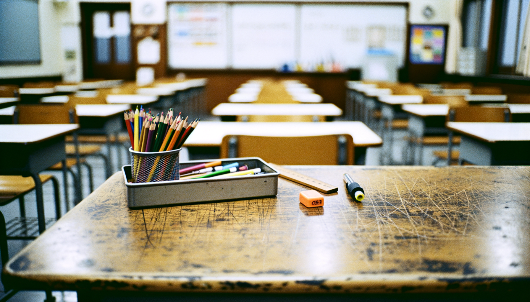 School stationery supplies on a classroom desk