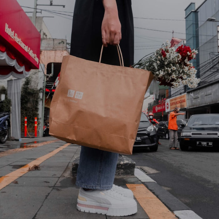a person holding a brown bag on a city street