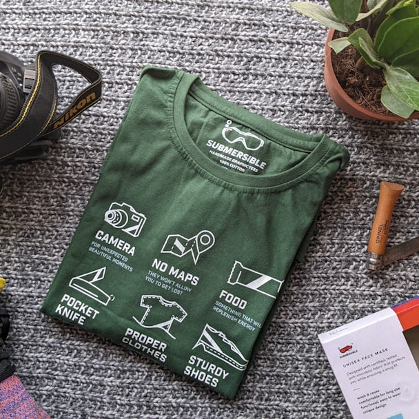 a green bag with a black bag and a pair of shoes