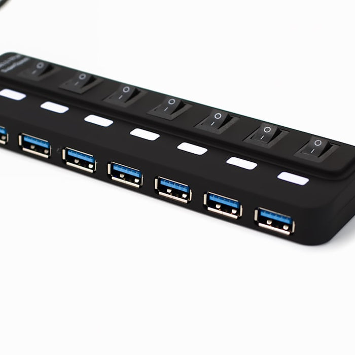 Black usb hub with seven ports and switches