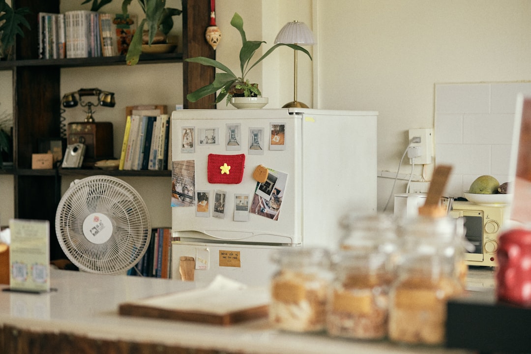 Refrigerator with flag magnet, fan, and jars on a counter
