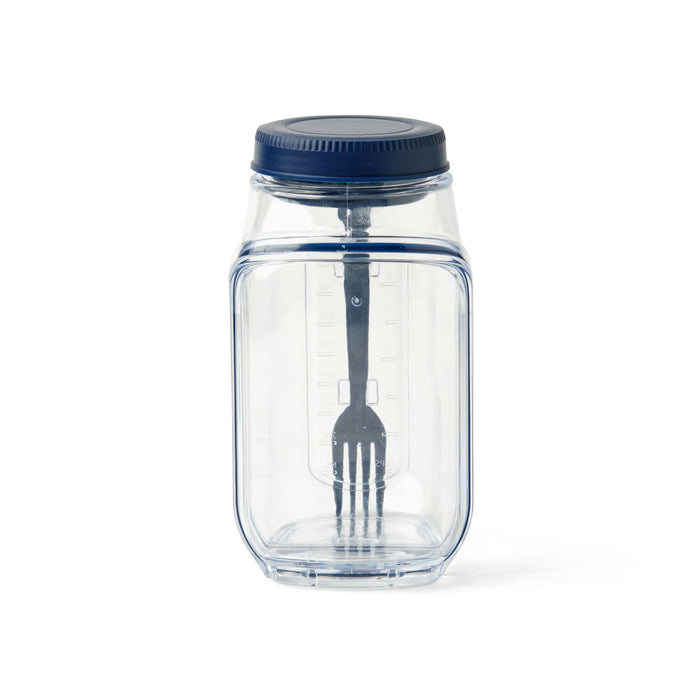 Go Salad Jar - A clear plastic salad jar with a navy blue lid and built-in fork inside. Features measurement markings on the side.