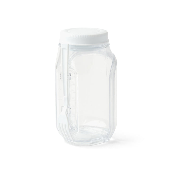 Go Salad Jar - A clear plastic salad jar with a white lid and built-in fork. It has a simple, modern design.