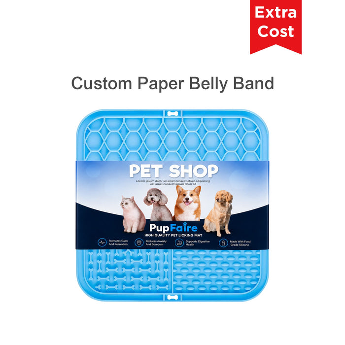 3-Section Dog Enrichment Lick Mat - A blue, 3-section dog enrichment lick mat with textured surfaces. It features a logo and promotional branding.