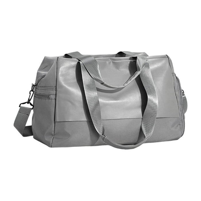 Carry-on Duffle Bag - A grey carry-on duffle bag with dual handles and a detachable shoulder strap. It features a zippered compartment.