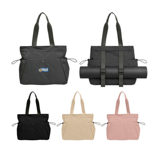 Lightweight Tote Bag With Yoga Mat Straps - Lightweight tote bags in black, beige, pink, and grey, featuring yoga mat straps and a logo.