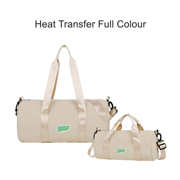 Bucket Duffle Bag With Wide Straps - A beige bucket duffle bag with wide straps, featuring a logo and a removable shoulder strap.