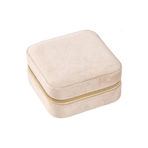 Velvet Jewellery Organizer - A square velvet jewellery organiser in a soft beige colour with a gold zipper.