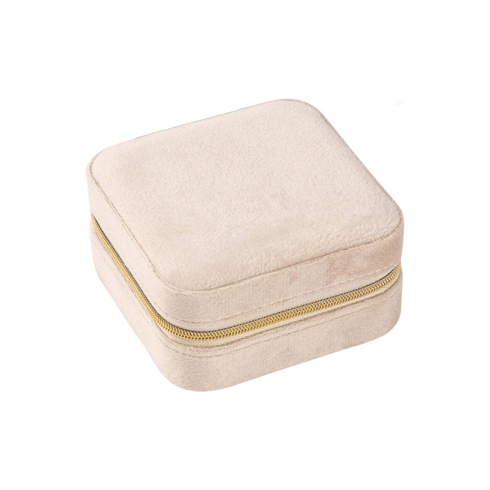 Velvet Jewellery Organizer - A square velvet jewellery organiser in a soft beige colour with a gold zipper.