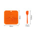 4-Section Dog Enrichment Lick Mat - An orange, four-section silicone lick mat with a matching small spatula for spreading. Dimensions are shown.