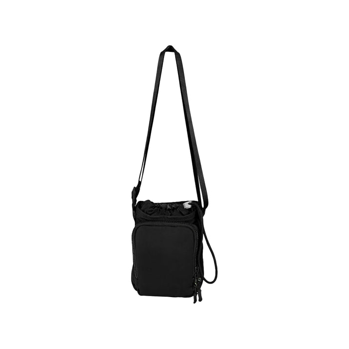 Water Bottle Holder with Strap - A drink bottle holder in black with a long strap and zippered pocket. It features a logo on the front.