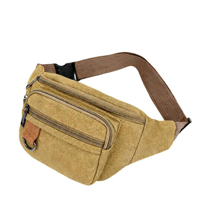 Canvas Waist Bag - A brown canvas waist bag with a zippered pocket and adjustable strap, featuring a small logo.