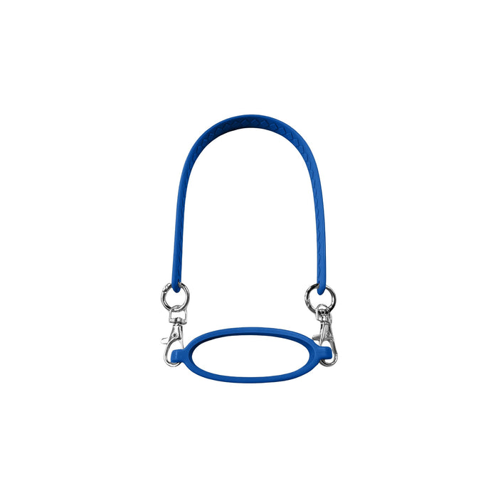 Silicone Cup Carry Strap - A drink bottle carry strap in blue silicone with metal clips for attachment and a rounded handle design.