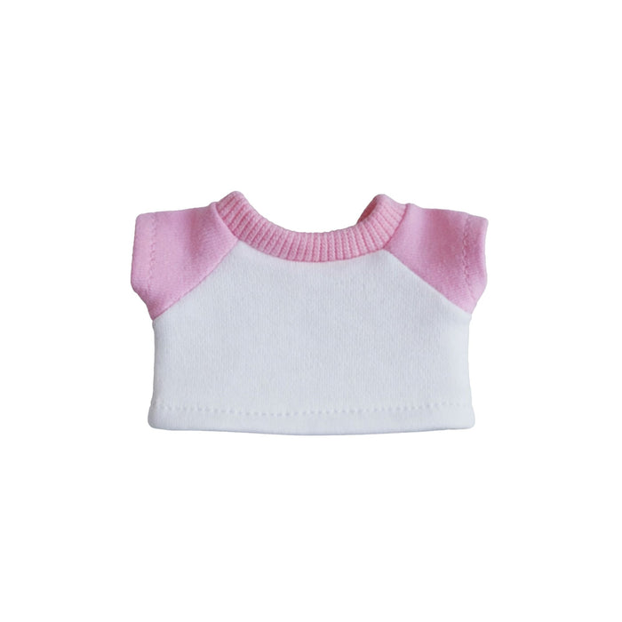 Plush Doll Raglan T-Shirt - A plush doll raglan t-shirt in white with pink sleeves. Features a ribbed collar and has a logo.