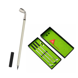 Golf Pen Gift Set - A silver golf pen and three golf club-shaped ballpoint pens in a black gift box with green interior.