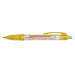 Flag Banner Pen - A plastic pen with a transparent barrel and yellow accents, featuring a logo on the side.