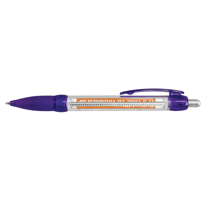 Flag Banner Pen - A plastic pen featuring a transparent barrel with purple accents and a logo.