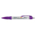 Flag Banner Pen - A purple plastic pen with a clear barrel and a logo on the body. It features a retractable tip.