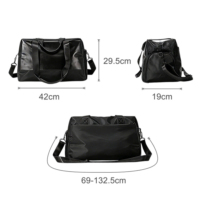 Carry-on Duffle Bag - A black carry-on duffle bag with adjustable straps and multiple compartments, shown from various angles.