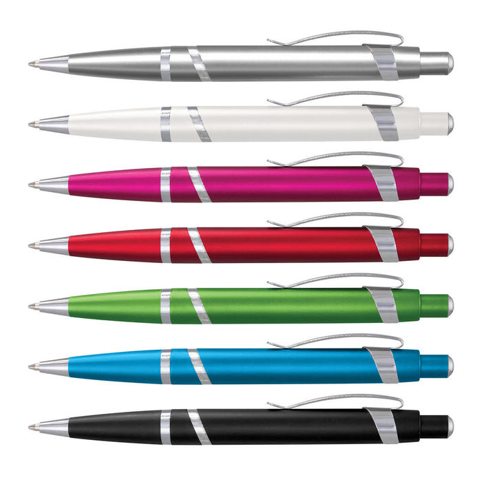 Athena Pen - A collection of Athena pens in silver, white, pink, red, green, blue, and black, each with a sleek design and a logo.