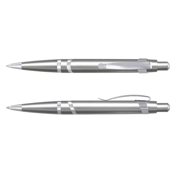 Athena Pen - A silver plastic pen with a shiny finish and a clip. The pen features sleek, contemporary design elements.