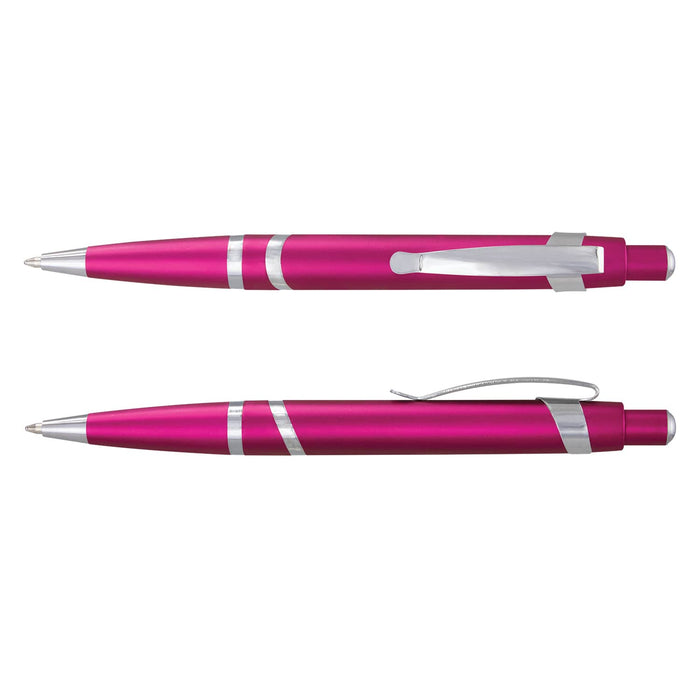 Athena Pen - A pink plastic pen with silver accents, featuring a click mechanism and a clip for easy attachment.