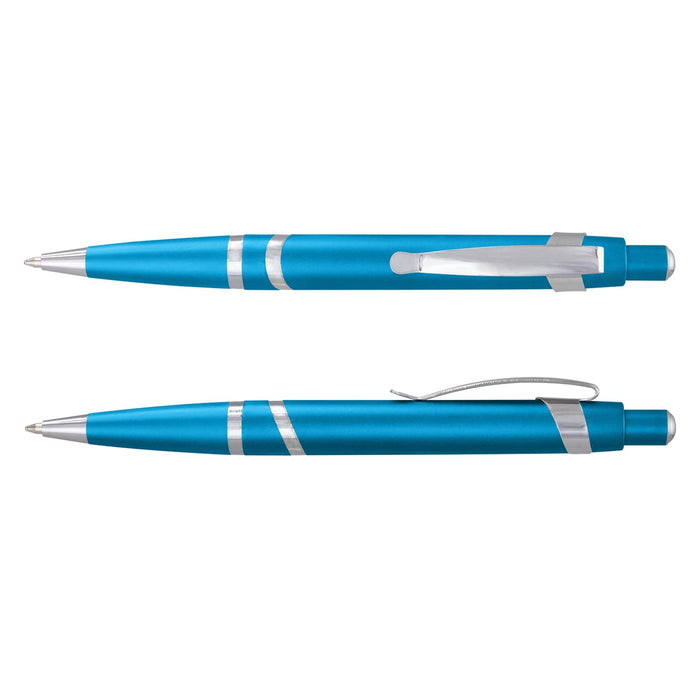 Athena Pen - A blue plastic pen with silver accents, featuring a sleek design and a clip for easy attachment.