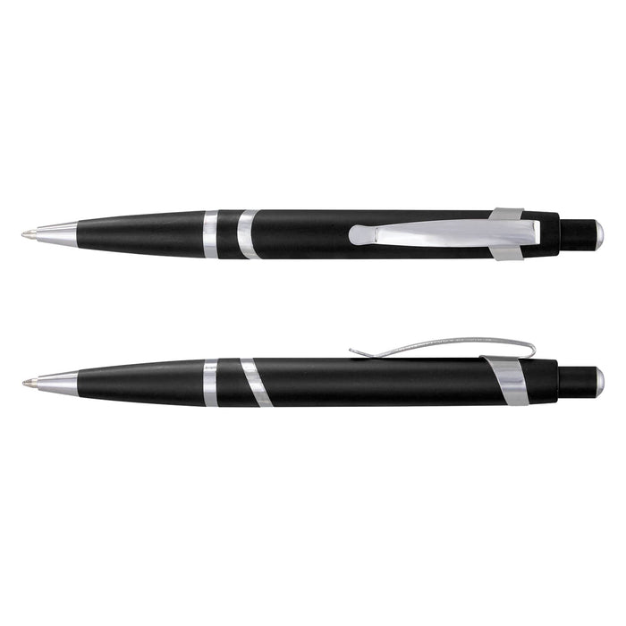 Athena Pen - A black plastic pen with silver accents and a clip, featuring a sleek design and a logo.