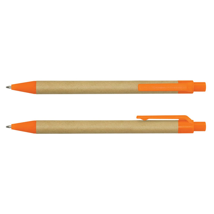 Kraft Pen - A Kraft pen with an orange plastic tip and clip, featuring a brown paper barrel and a logo.
