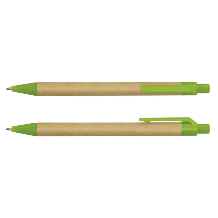 Kraft Pen - A Kraft Pen featuring a brown paper barrel and green plastic details. The pen has a logo on its surface.