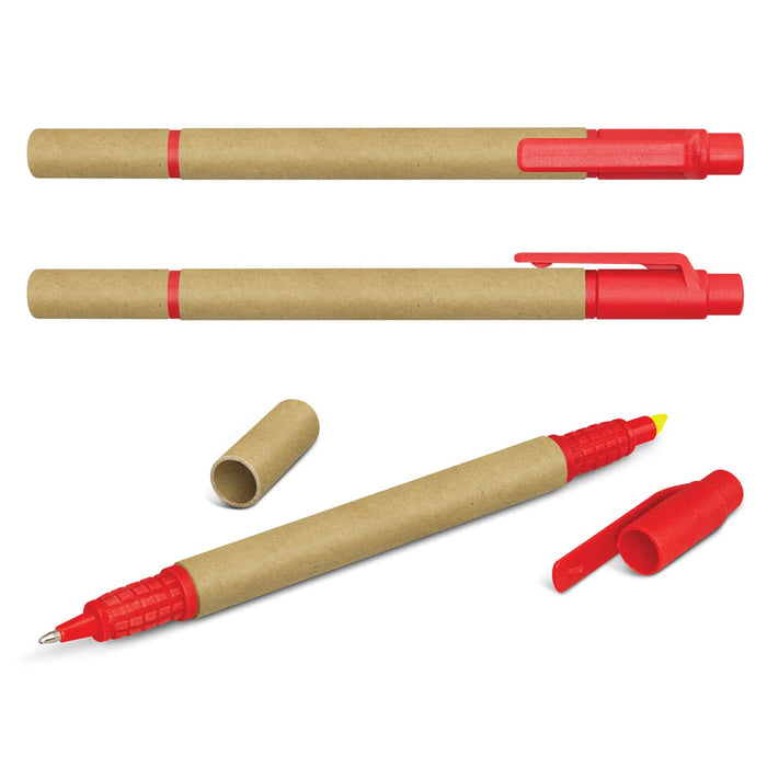 Kraft Pen Highlighter - A set of Kraft pens with red accents, including highlighters and retractable pens, featuring a cardboard design.