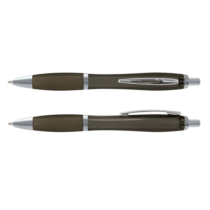 Vistro Pen - Translucent - A translucent plastic pen in olive green, featuring silver accents and a clip. The image displays two views of the pen.