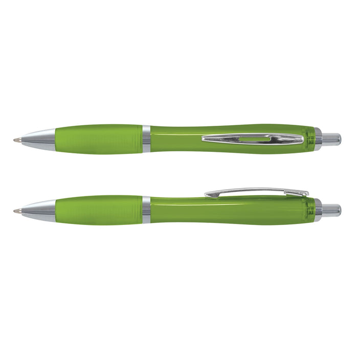 Vistro Pen - Translucent - A translucent green plastic pen with a silver clip and accents, displayed in two positions.