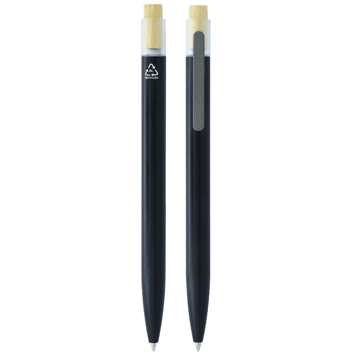 Lifestyle Essentials Pack - Recycled aluminium pen with bamboo clicker, featuring a sleek black design and a logo on the side.