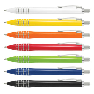 Vulcan Pen - A collection of metal pens in white, yellow, orange, red, green, blue, and black with silver accents and a logo.