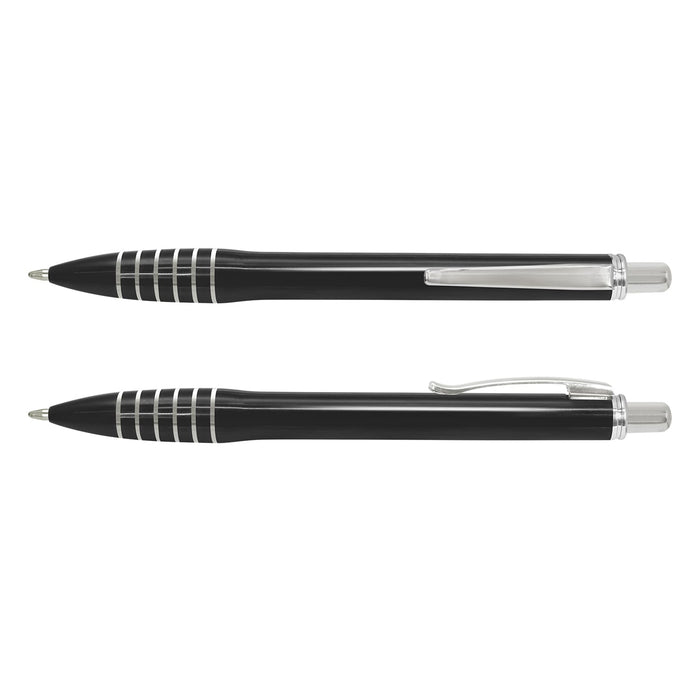 Vulcan Pen - A black plastic pen with silver accents and a clip, featuring striped detailing on the barrel.